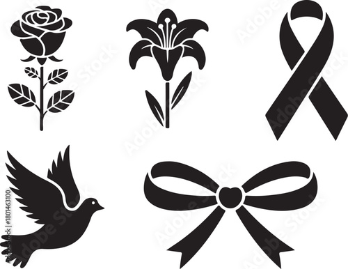 Memorial symbols: rose, lily, dove, ribbon, bow