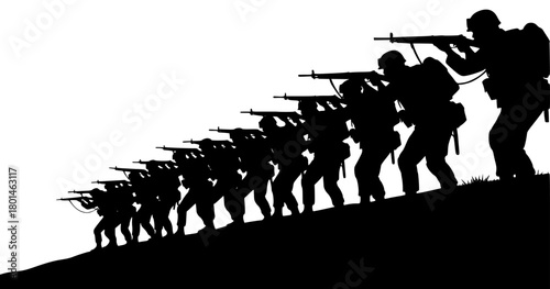 A line of soldiers silhouetted against a , carrying rifles and carrying backpacks, army, formation, gun, hill, hillside, line, man, person, rifle, soldier, weapon, against transparent background