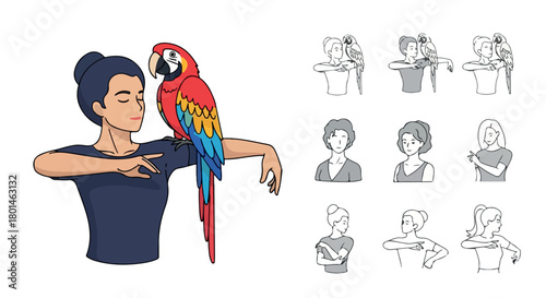 Woman with parrot in various poses