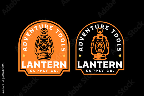 Lantern camp light retro badge logo vector design set for adventure. Oil lamp vintage patch illustration pack for exploration. Classic lantern sturdy emblem sticker element design for outdoor gear