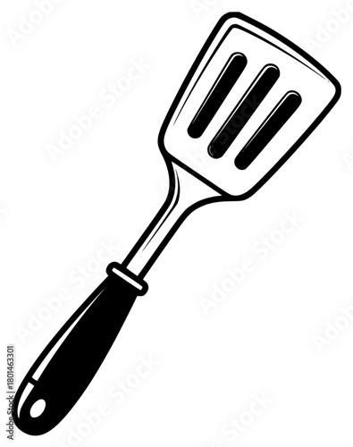 A black and white illustration of a spatula, black, frying pan, handle, home appliance, icon, illustration, kitchen utensil, kitchenware, profile, shovel, spatula, tool, against transparent background