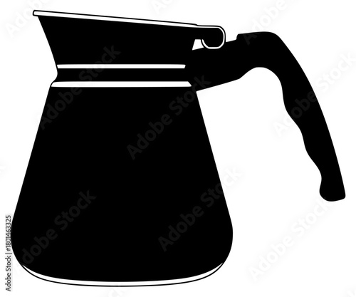 A black and white silhouette of a coffee pot, black, boiler, coffee, coffee machine, coffeepot, home appliance, icon, illustration, jug, lid, liquid, profile, tea pot, against transparent background