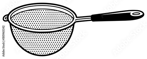 A black and white illustration of a strainer with a handle, black, colander, frying pan, grater, handle, illustration, kitchen utensil, kitchenware, against transparent background