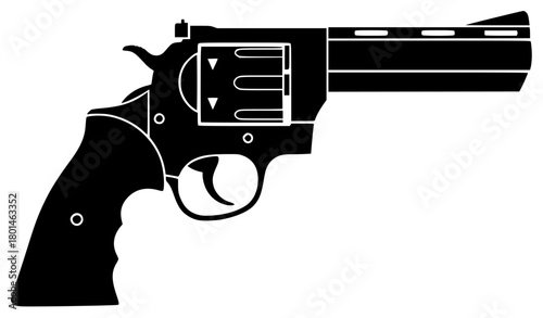 A black and white silhouette of a revolver, black, bullet, flat, gun, handgun, icon, illustration, profile, toy gun, weapon, against transparent background
