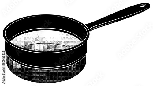 A black and white illustration of a frying pan with a strainer, barrel, black, container, frying pan, illustration, kitchenware, lid, liquid, pan, pot, strainer, against transparent background