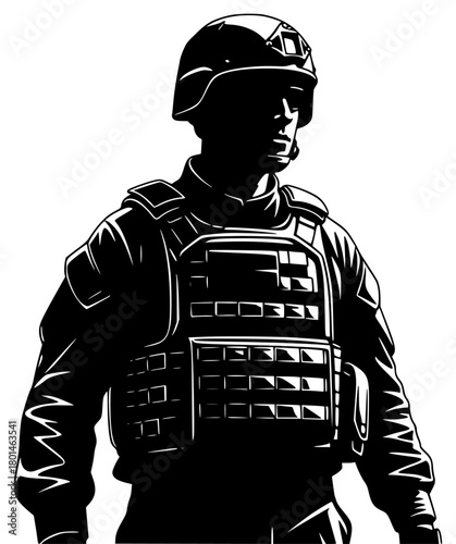 A silhouette of a soldier wearing a tactical vest and helmet, armor, black, gun, helmet, illustration, man, profile, soldier, stand, uniform, wear, white, against transparent background