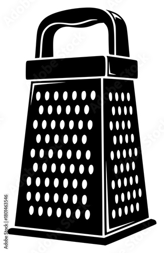 A black and white illustration of a cheese grater, black, colander, dot, flat, grater, handle, icon, illustration, kitchenware, polka dot, profile, stool, strainer, against transparent background