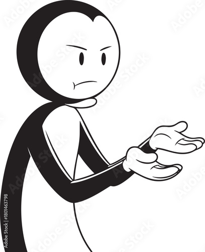 Annoyed black and white cartoon character shrugging with hands held out in frustration.