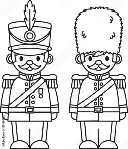 Black and white line art of two cute cartoon toy soldiers in uniform one with a plumed shako and one with a bearskin hat.