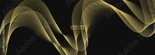 Abstract luxury with shining gold lines waves on black background. Futuristic background of flowing gold lines for banner. modern trendy design
