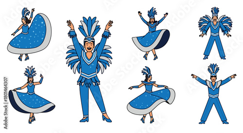 Carnival dancers in blue costumes with transparent background