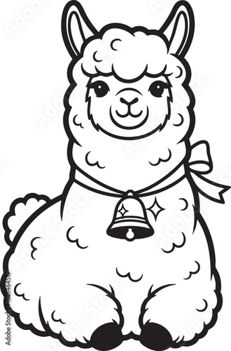 Cute sitting llama with fluffy wool a smiling face and a ribbon collar with a sparkling bell.