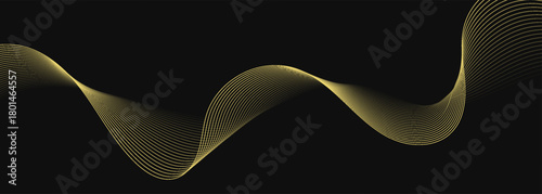 Abstract luxury with shining gold lines waves on black background. Futuristic background of flowing gold lines for banner,