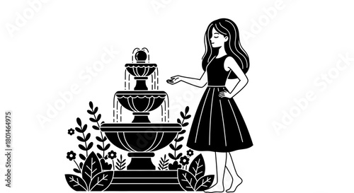 Elegant woman touches water fountain in serene garden with flowers