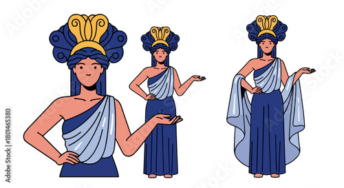 Ancient Greek goddess figures in blue robes with transparent background