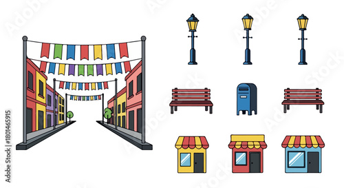 Street scene with bunting, lamps, benches, and shops