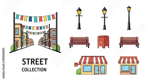 Street scene with lampposts, benches, and storefronts