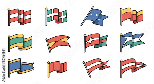 Flags of different countries waving on poles