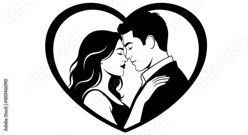 Elegant romantic couple embracing tenderly inside a heart shape frame