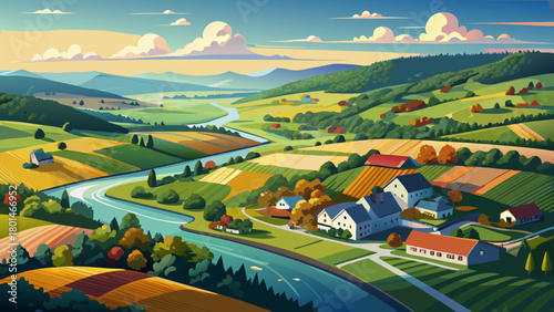 Very beautiful aerial view of Hunterdon County featuring rolling farmland, winding rivers, and charming small towns surrounded by lush green countryside, all captured with a clean, scenic, and invitin