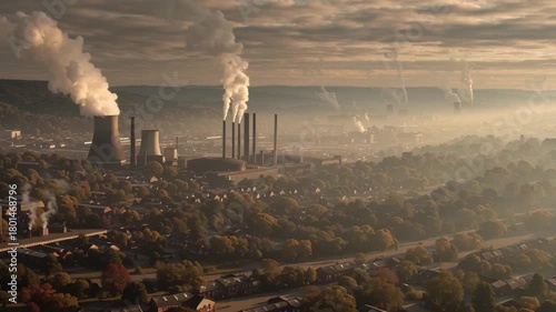 Polluted industrial valley haze covers landscape with factory chimneys emitting smoke over residential area creating dense pollution atmosphere