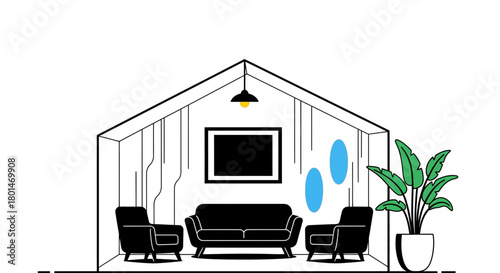 Modern living room interior design with stylish furniture and plant