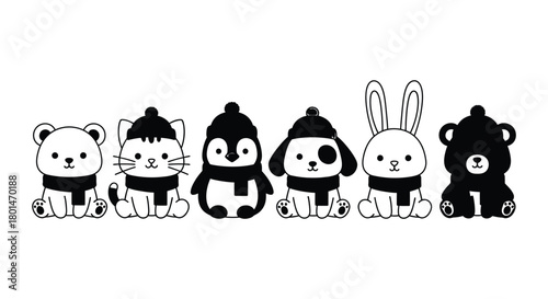 Adorable cartoon animals wearing hats and scarves for winter designs