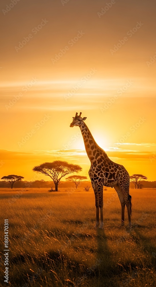 Obraz premium Giraffe Silhouette at Sunset in African Savannah Landscape.