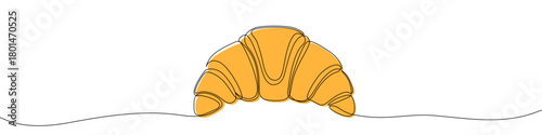Croissant with yellow fill, drawn with one continuous line. Drawing of French pastry with editable black stroke on white background. Vector illustration.