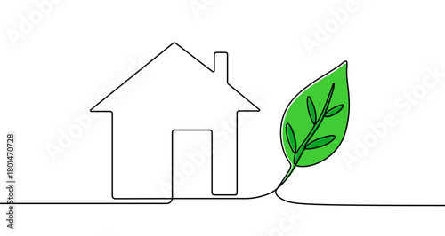 Silhouette of a house and a large green leaf connected by one continuous line. Vector illustration.