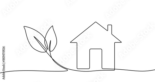 Silhouette of a house next to two leaves, drawn with one continuous line. Symbol of eco-friendly living, "green" building, energy efficiency, and environmental protection. Vector illustration.