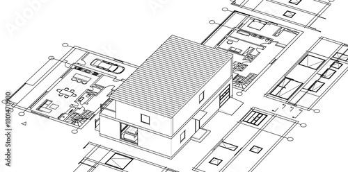 house architectural project sketch 3d illustration	
