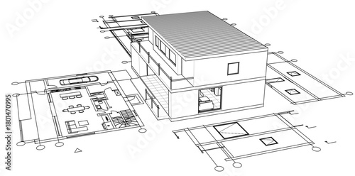 house architectural project sketch 3d illustration	
