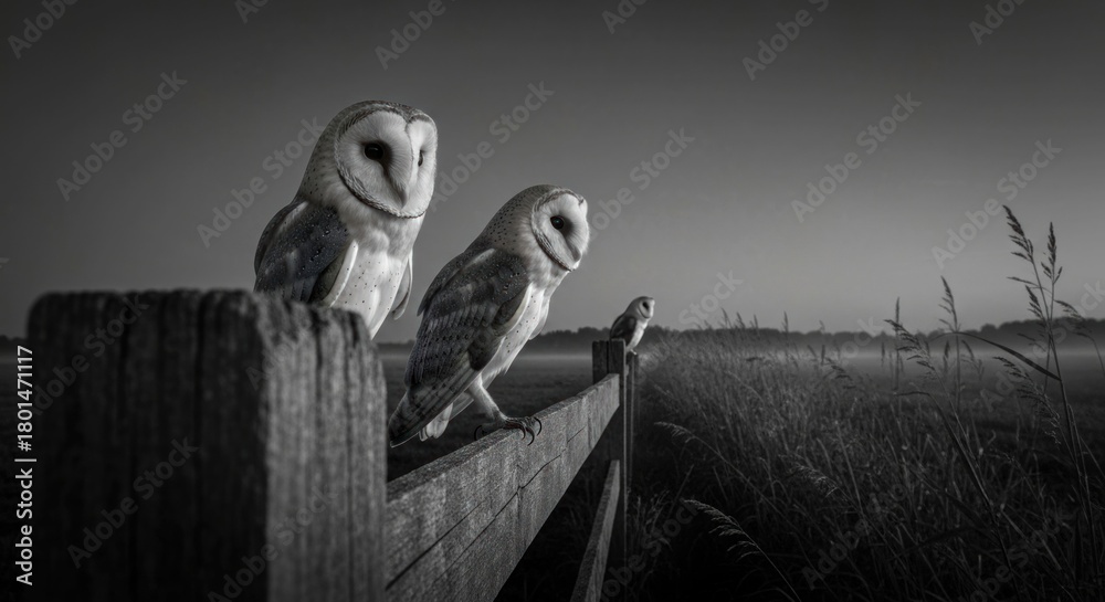 Obraz premium Three barn owls on a rustic fence in a misty, dark field