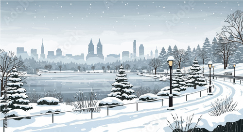 Beautiful vector illustration of a snow-covered city park. A frozen lake reflects the distant winter skyline under a pale sky, lined with snowy trees and lampposts