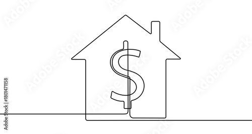 Silhouette of a house with a dollar sign inside, drawn with one continuous line. Symbol of housing cost, mortgage, real estate investment, and house sale. Vector illustration.