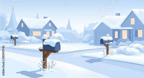 ​A picturesque, cozy suburban neighborhood scene blanketed in pristine white snow under a soft evening sky. Warm light glows from the windows of houses, creating a peaceful and festive winter atmosphe