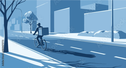 ​A visually striking, monochromatic blue illustration of a courier riding a bicycle down an urban street. The delivery person carries a large box while cycling under the soft light of a winter 