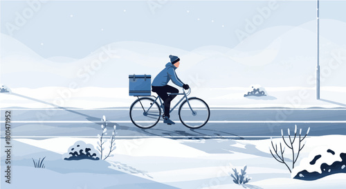 A dedicated delivery rider on a bicycle navigates a snow-covered, wintry landscape. The cyclist is bundled up against the cold, focused on the task while transporting a blue cargo box 
