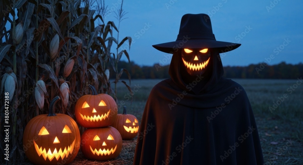Fototapeta premium Spooky scarecrow with glowing jack-o'-lanterns in a field