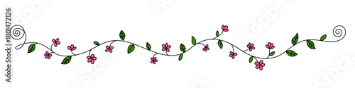 Decorative colored floral border with pink flowers and green leaves. Vine drawing with editable black stroke on white background. Vector illustration.