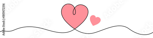 Two hearts, one large pink, in one line art style. Symbol of love with editable black stroke on white background. Vector illustration.