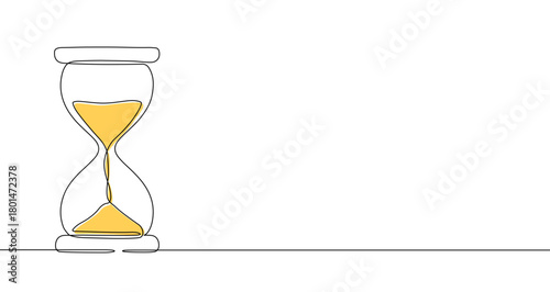 Colored hourglass with yellow sand in one line art style. Symbol of time with editable black stroke on white background. Vector illustration.