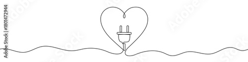 Heart shape formed by an electric cable with a plug inside in one line art style. Symbol of eco energy with editable black stroke. Vector illustration.