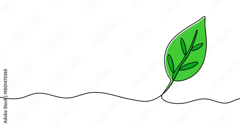 Naklejka premium Single green leaf with veins growing from the ground in one line art style. Symbol of nature and ecology with editable black stroke. Vector illustration.
