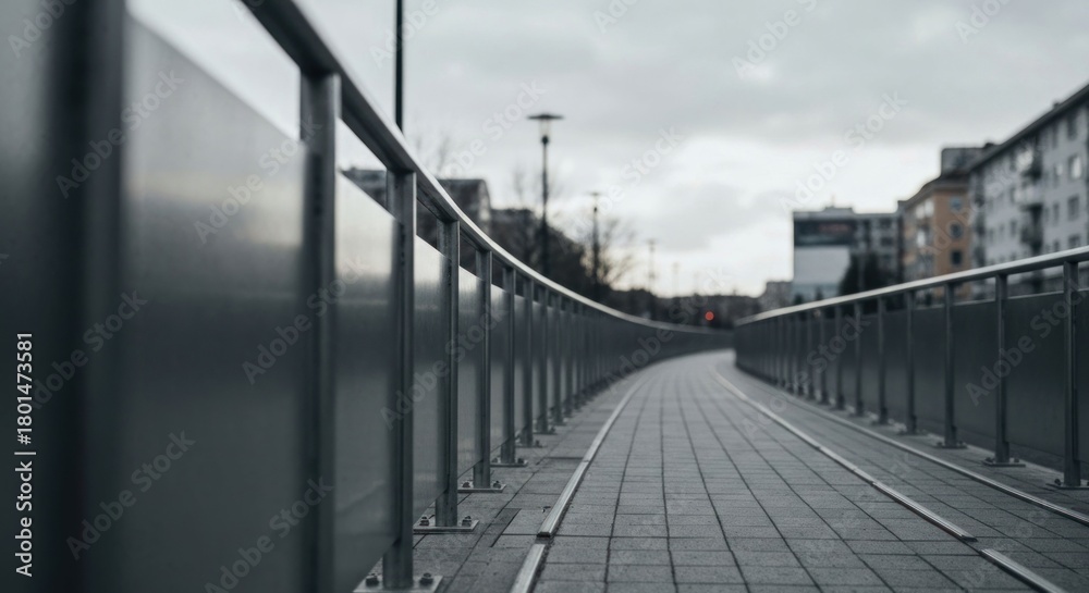 Fototapeta premium Curved pedestrian bridge with metal railings on an overcast day