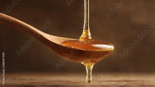 oligarchy. Golden honey dripping from a wooden spoon against a natural wood background. menu design, packaging mockups, designed for culinary blogs and recipe cards for restaurants.
