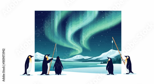 Whimsical penguins gather on icy plains, mesmerized by the spectacular aurora borealis painting the serene polar night sky