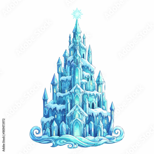 Exquisitely detailed fantasy ice castle illustration, a magnificent frozen palace shimmering with magical allure and intricate winter design