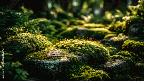 Sous-bois, sol de la forêt, rocher avec mousse, socle pour présentation produit